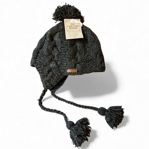 Collection Royal Cozy Pom-Pom Lined Flap Hat  with Tassels - Charcoal Gray NWT